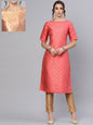 Women's  Coral Pink & Golden Reversible Woven Design Straight Kurta