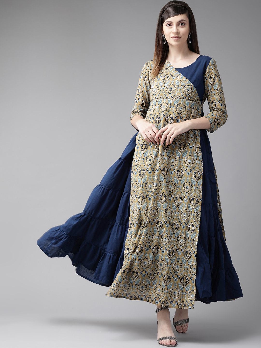 Women's  Navy Blue & Beige Printed Layered Maxi Dress