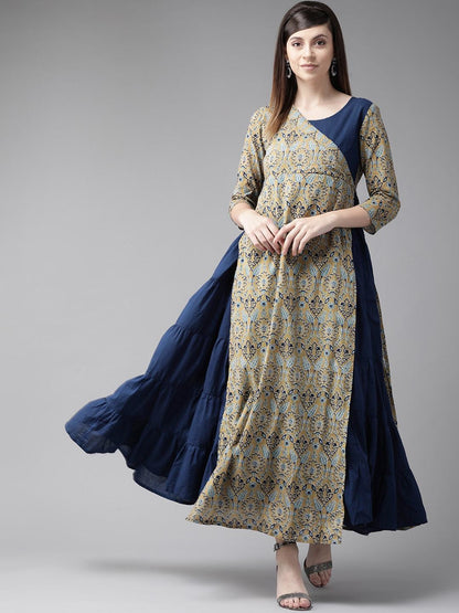 Women's  Navy Blue & Beige Printed Layered Maxi Dress