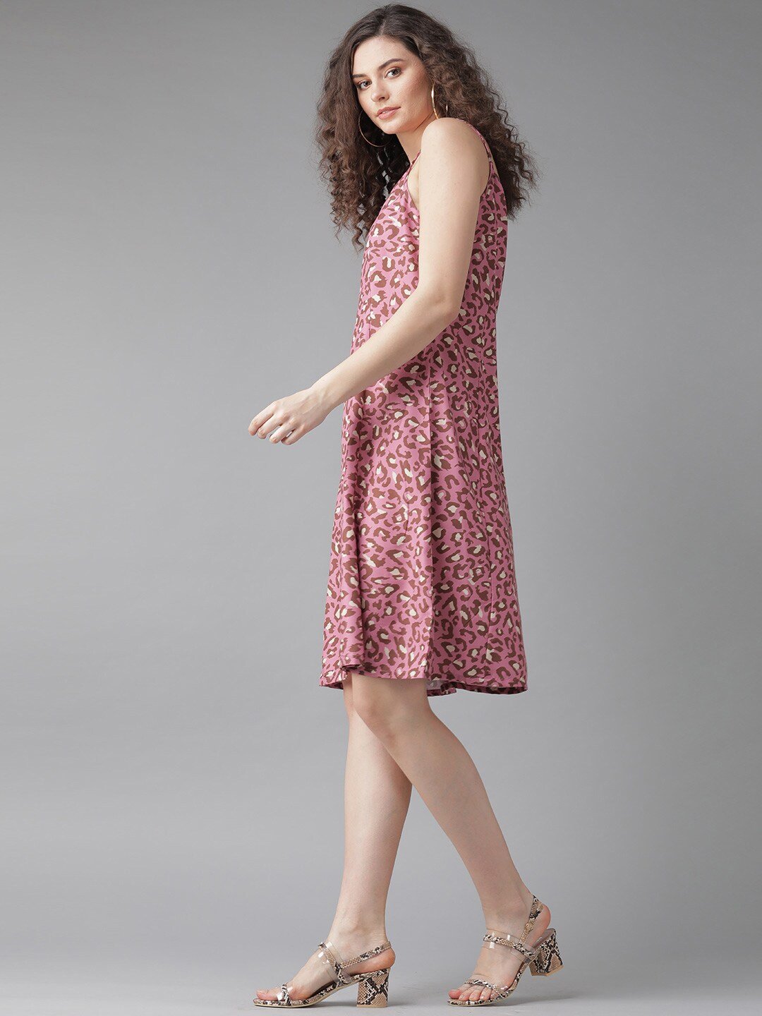 Women's  Pink & Brown Leopard Print A-Line Dress