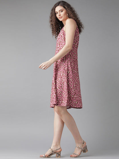 Women's  Pink & Brown Leopard Print A-Line Dress