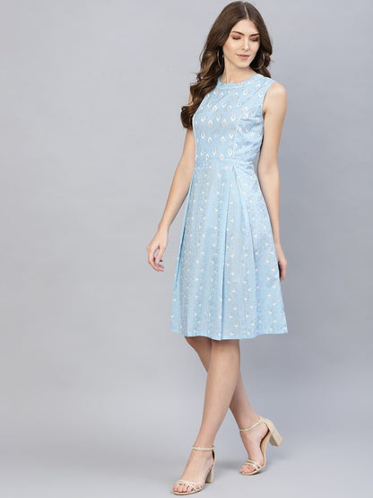 Women's  Blue & White Khari Print A-Line Dress