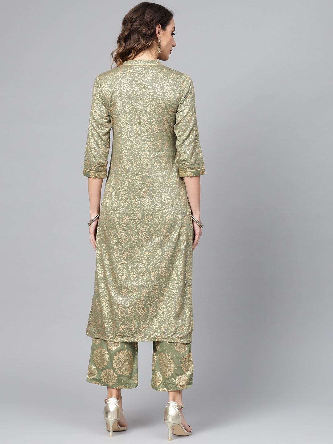 Women's  Olive Green & Golden Block Print Kurta with Palazzos
