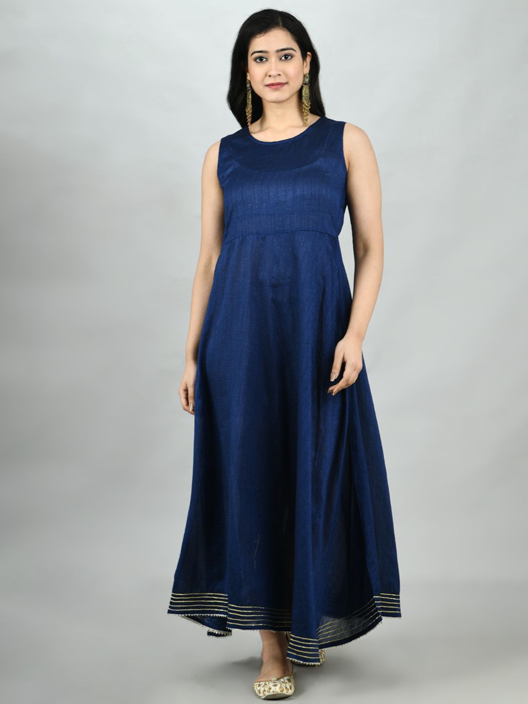 Women's Navy Blue Georgette Printed 3/4 Sleeve Mandarin Neck Casual Kurta Cammy Set