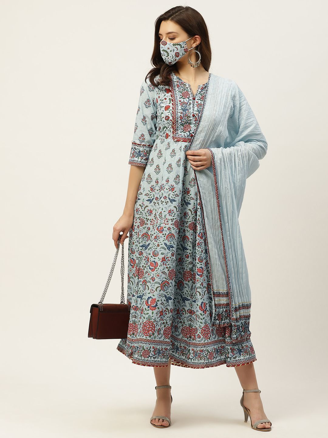 Women's Printed Flared Dress & Dupatta Set with Mask