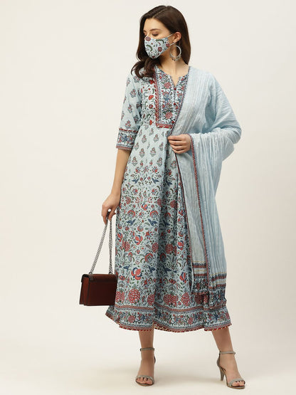 Women's Printed Flared Dress & Dupatta Set with Mask