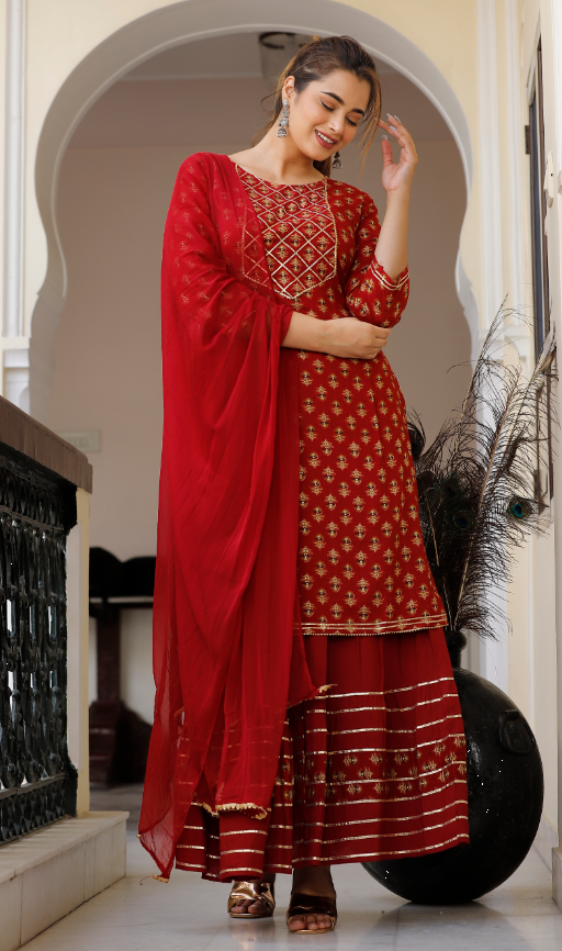 Women's Maroon Straight Kurta with Skirt And Dupatta