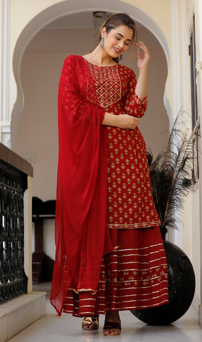 Women's Maroon Straight Kurta with Skirt And Dupatta