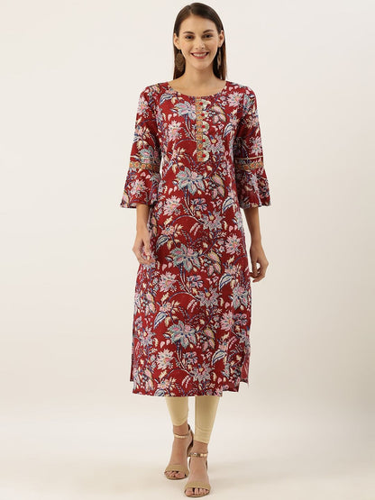 Women's Maroon & Blue Floral Printed Straight Kurta With Gotta Patti Detail
