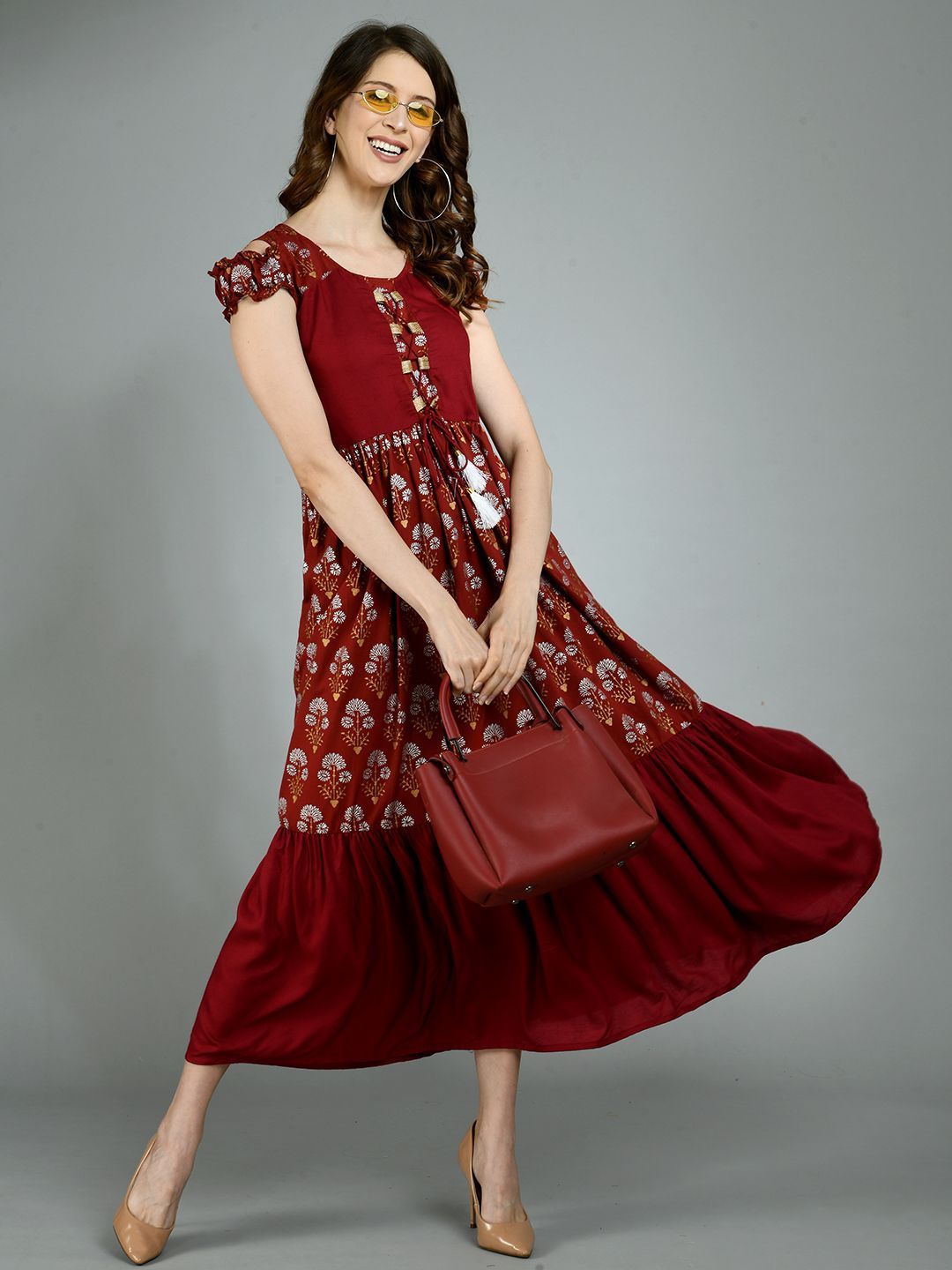 Women's Maroon Cotton Printed Sleeveless Round Neck Casual Dress