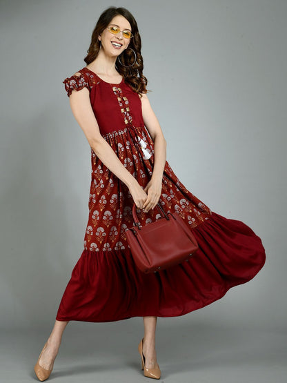Women's Maroon Cotton Printed Sleeveless Round Neck Casual Dress