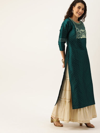 Women's Green & Silver-Toned Yoke Design Straight Kurta