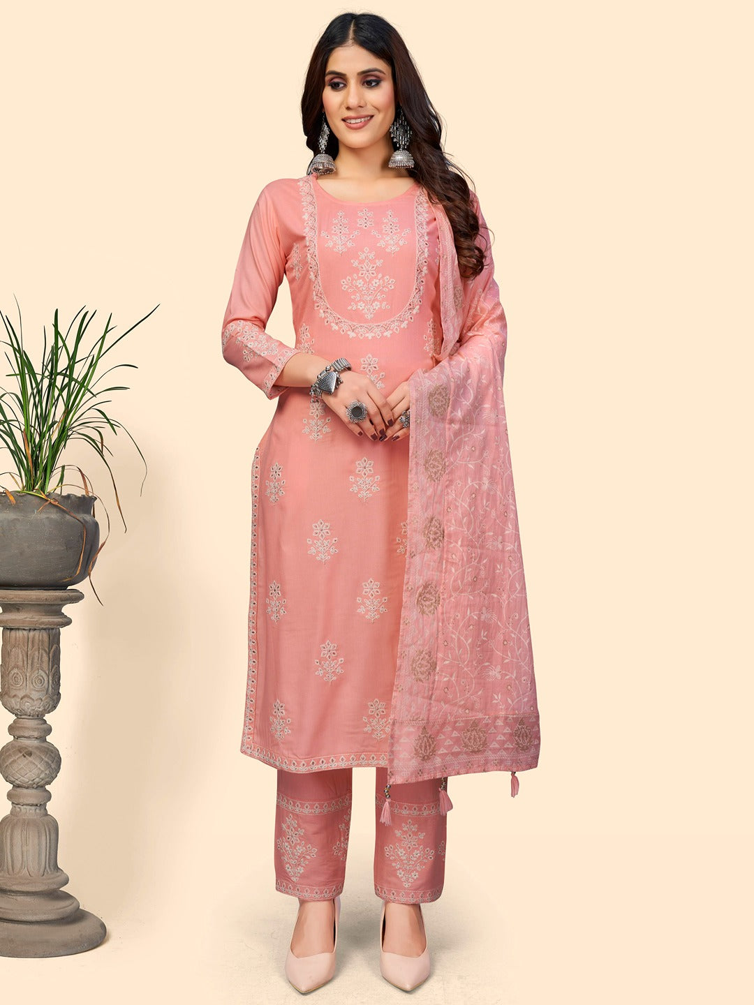 Women's Embroidered Straight Rayon Light Pink Stitched Kurta Pant With Dupatta