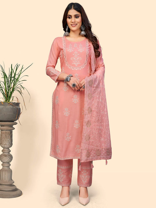 Women's Embroidered Straight Rayon Light Pink Stitched Kurta Pant With Dupatta