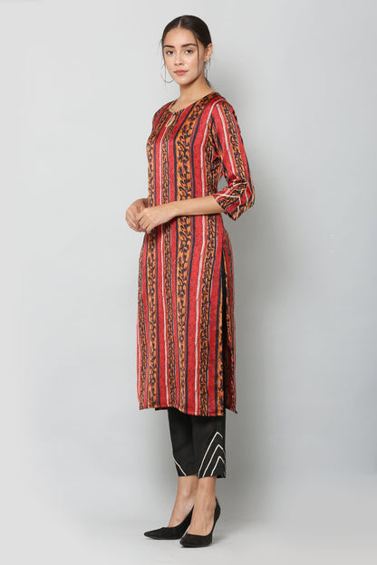 Women's Maroon Color Satin Blend Straight Printed Kurta Pant Set
