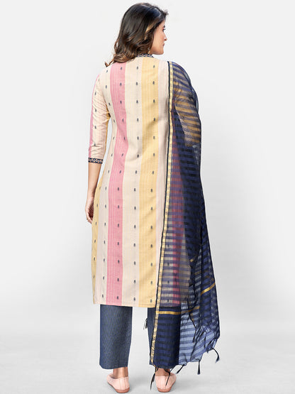 Women's Beige Multicolour Cotton Kurta With Pant & Dupatta By Vbuyz (3
