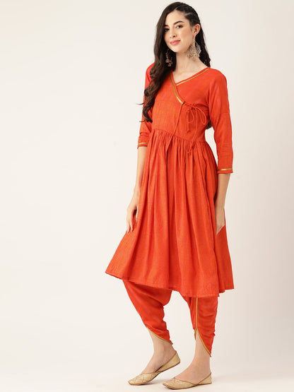 Women's Orange Color Rayon Blend Printed Kurta Dhoti With Dupatta