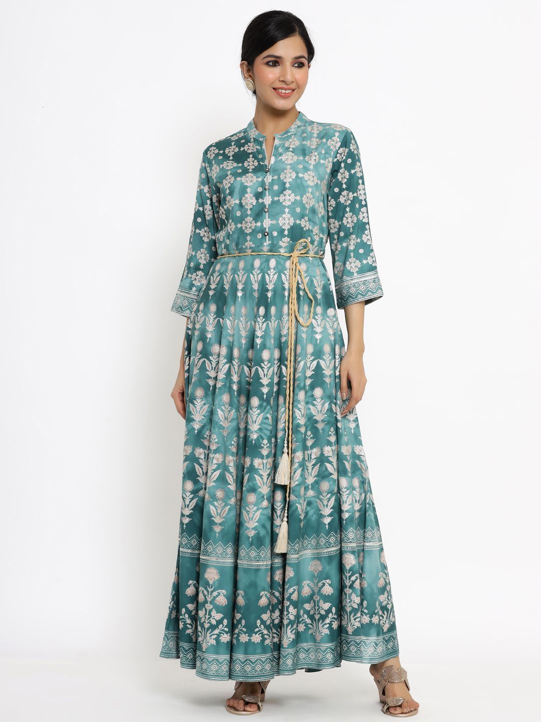 Women's Printed Flared Dress with Waist Tie-up