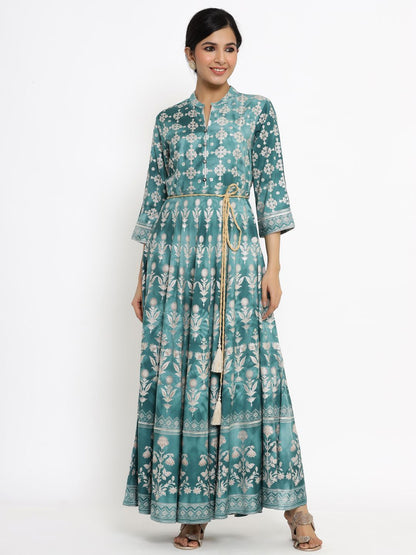 Women's Printed Flared Dress with Waist Tie-up