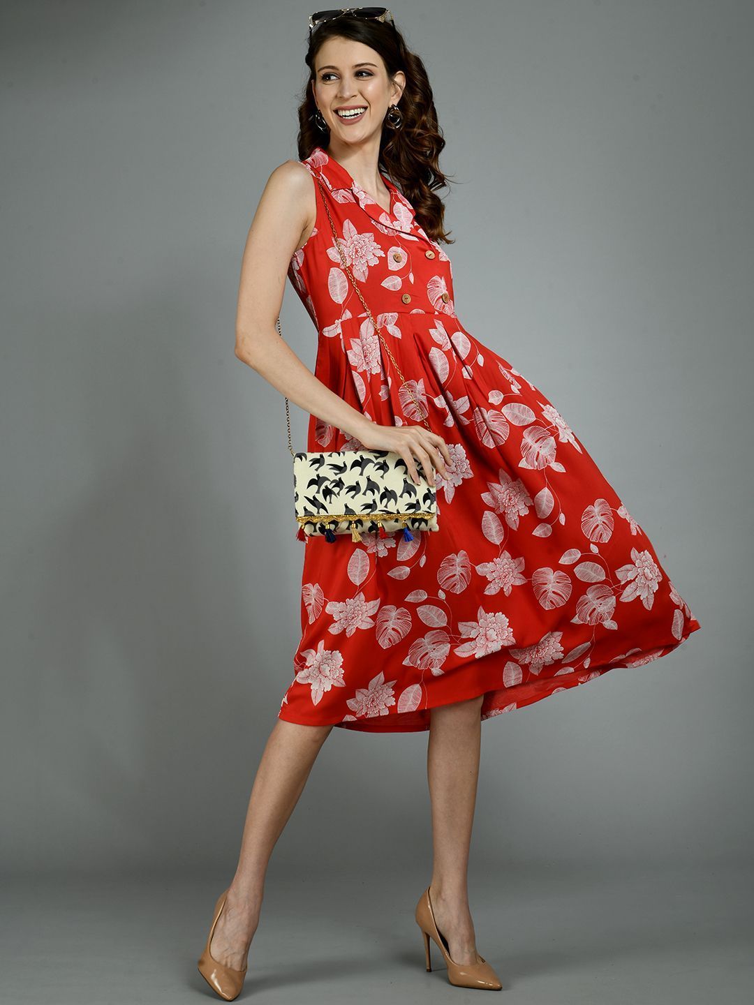 Women's Red Rayon Printed Sleeveless Collar Neck Casual Dress