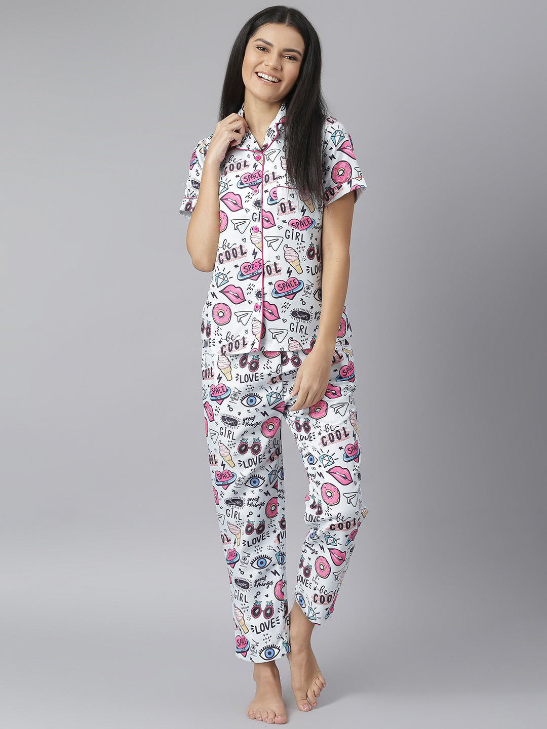 Women's Popcorn Digital Print Night Suit Set