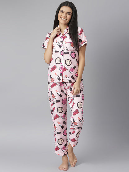 Women's Pink Owl Digital Print Night Suit Set