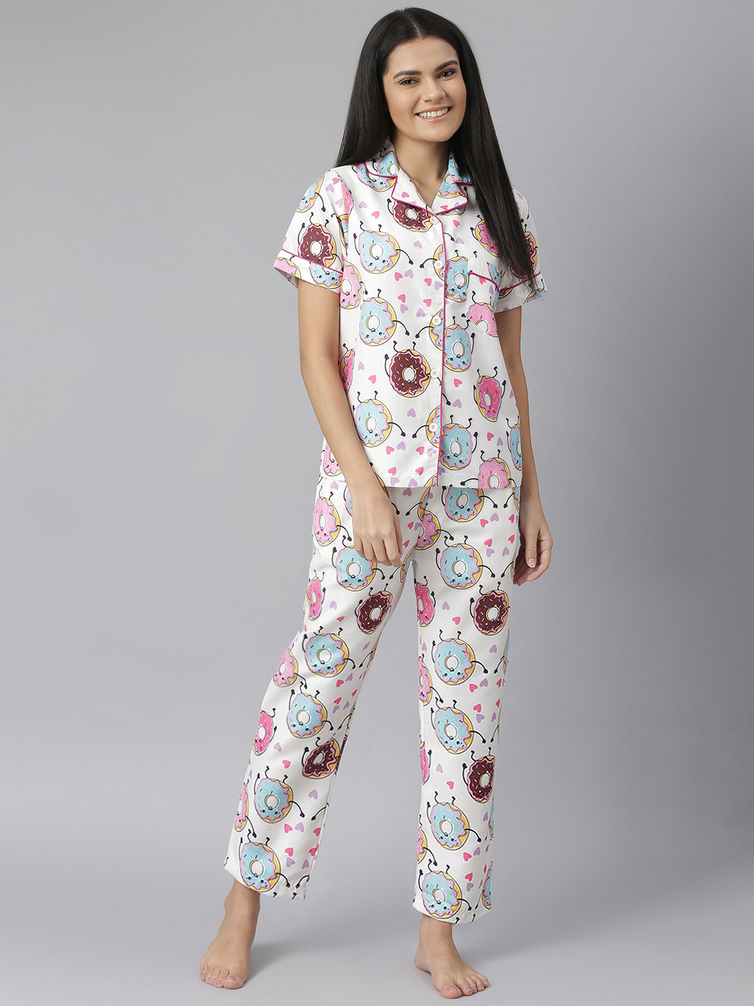 Women's Pink Makeup Digital Printed Night Suit Set