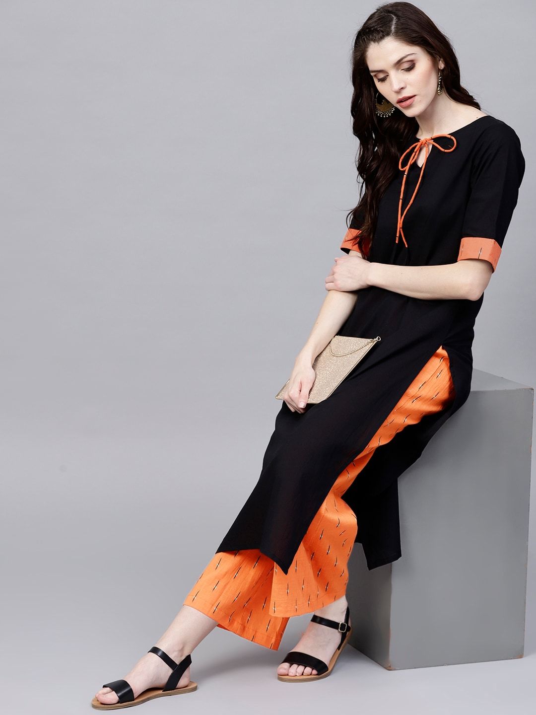 Women's  Black & Orange Solid Kurta with Palazzos