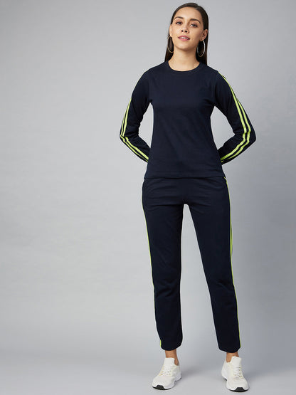 Women's Cotton Light Grey Track Suit Set With Pink Stripe