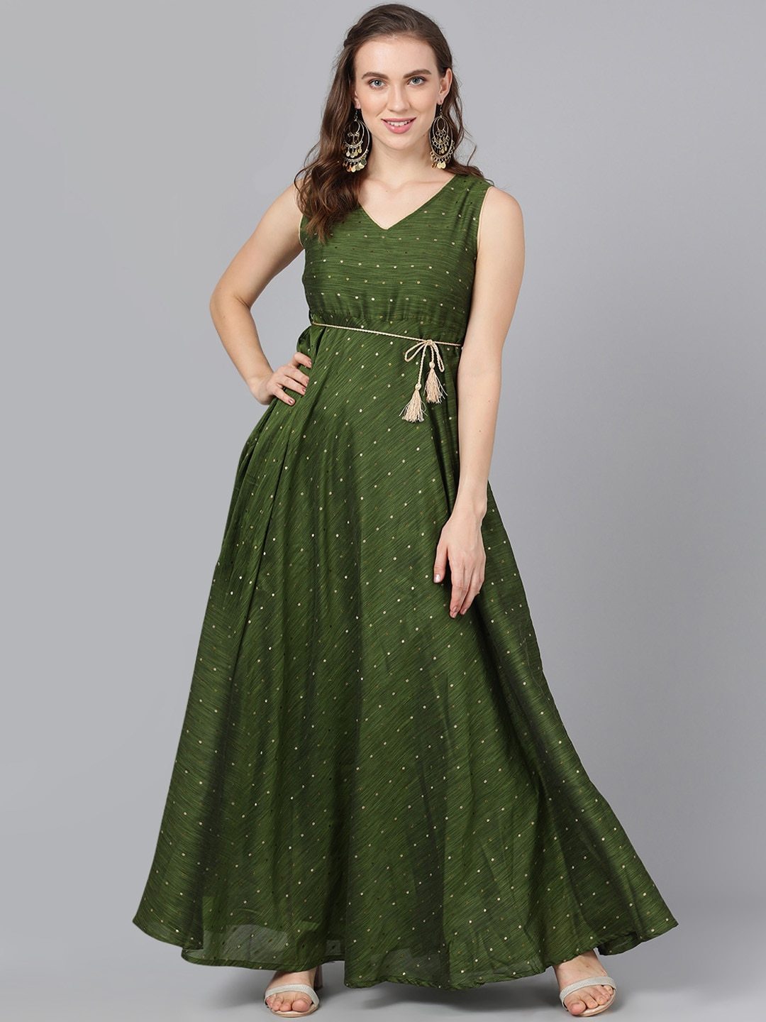 Women's  Green Self Design Empire Dress