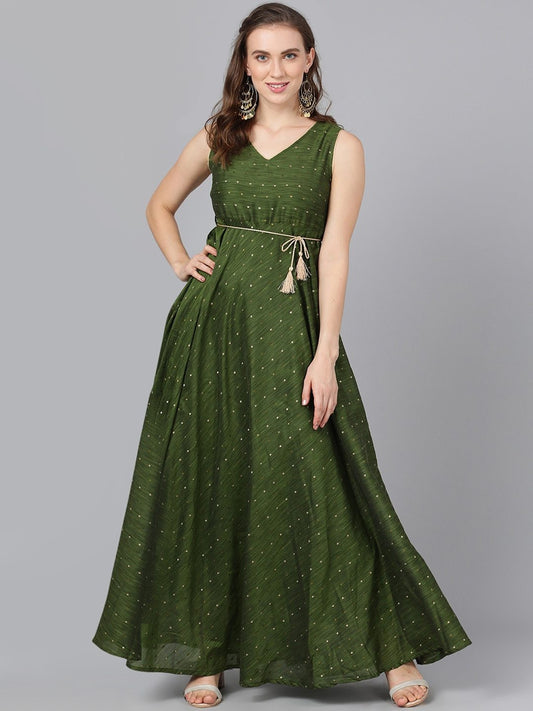 Women's  Green Self Design Empire Dress