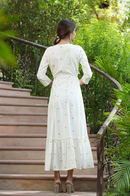 Women's  Off-White Rayon Festive Wear Embroidered A-Line Long Dress