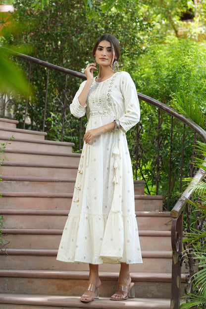 Women's  Off-White Rayon Festive Wear Embroidered A-Line Long Dress