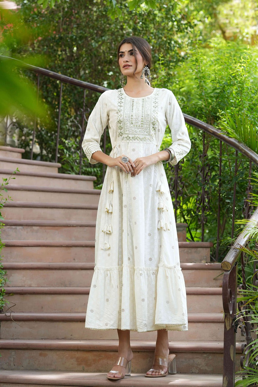 Women's  Off-White Rayon Festive Wear Embroidered A-Line Long Dress