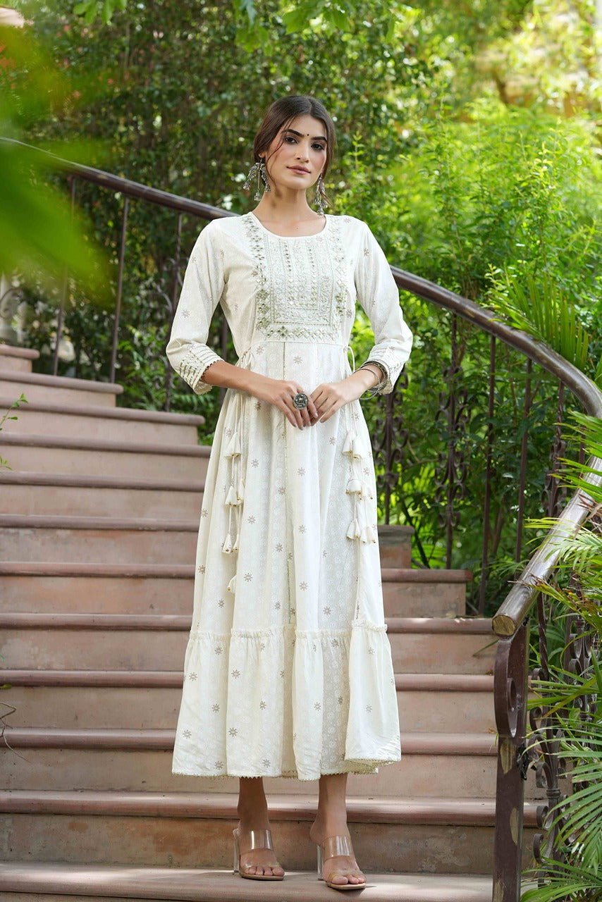 Women's  Off-White Rayon Festive Wear Embroidered A-Line Long Dress