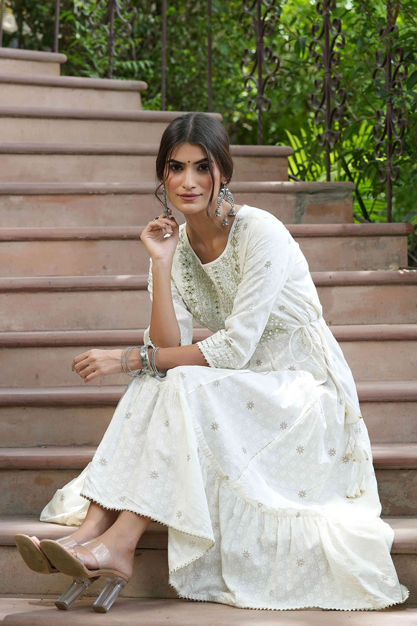 Women's  Off-White Rayon Festive Wear Embroidered A-Line Long Dress