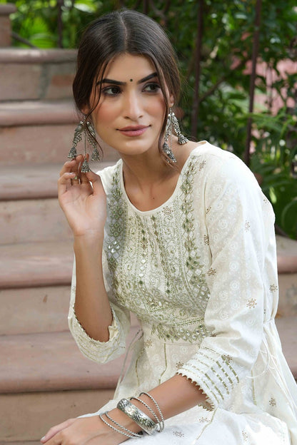 Women's  Off-White Rayon Festive Wear Embroidered A-Line Long Dress