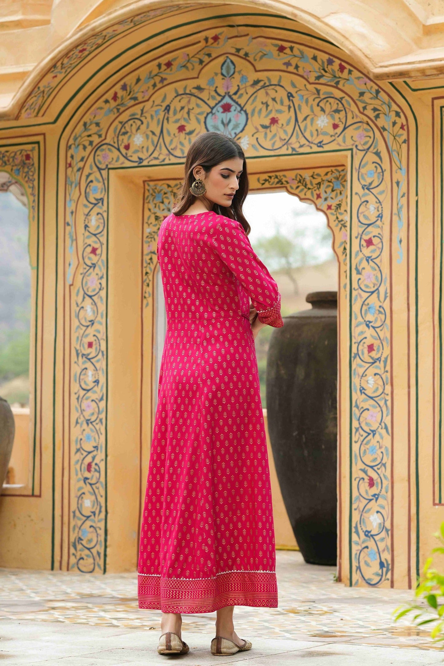 Women's  Fuchsia Rayon Festive Wear Foil Printed A-Line Long Dress
