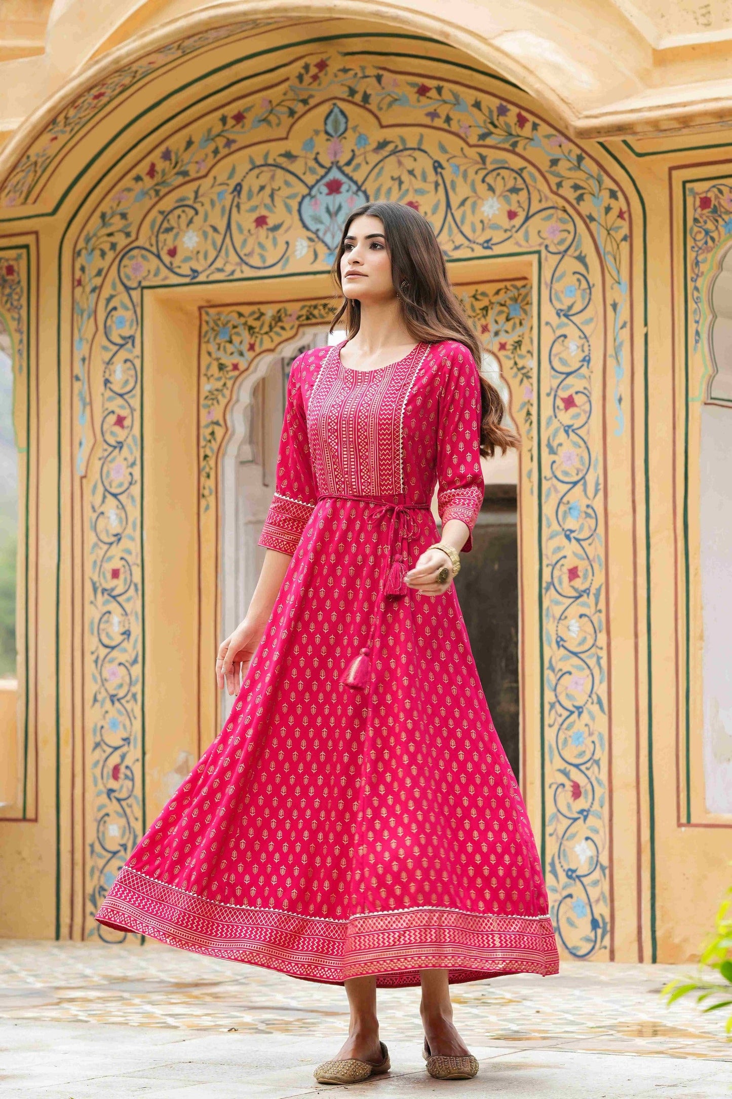 Women's  Fuchsia Rayon Festive Wear Foil Printed A-Line Long Dress