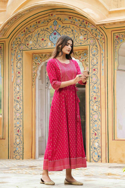 Women's  Fuchsia Rayon Festive Wear Foil Printed A-Line Long Dress