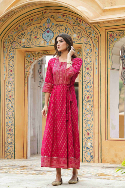 Women's  Fuchsia Rayon Festive Wear Foil Printed A-Line Long Dress