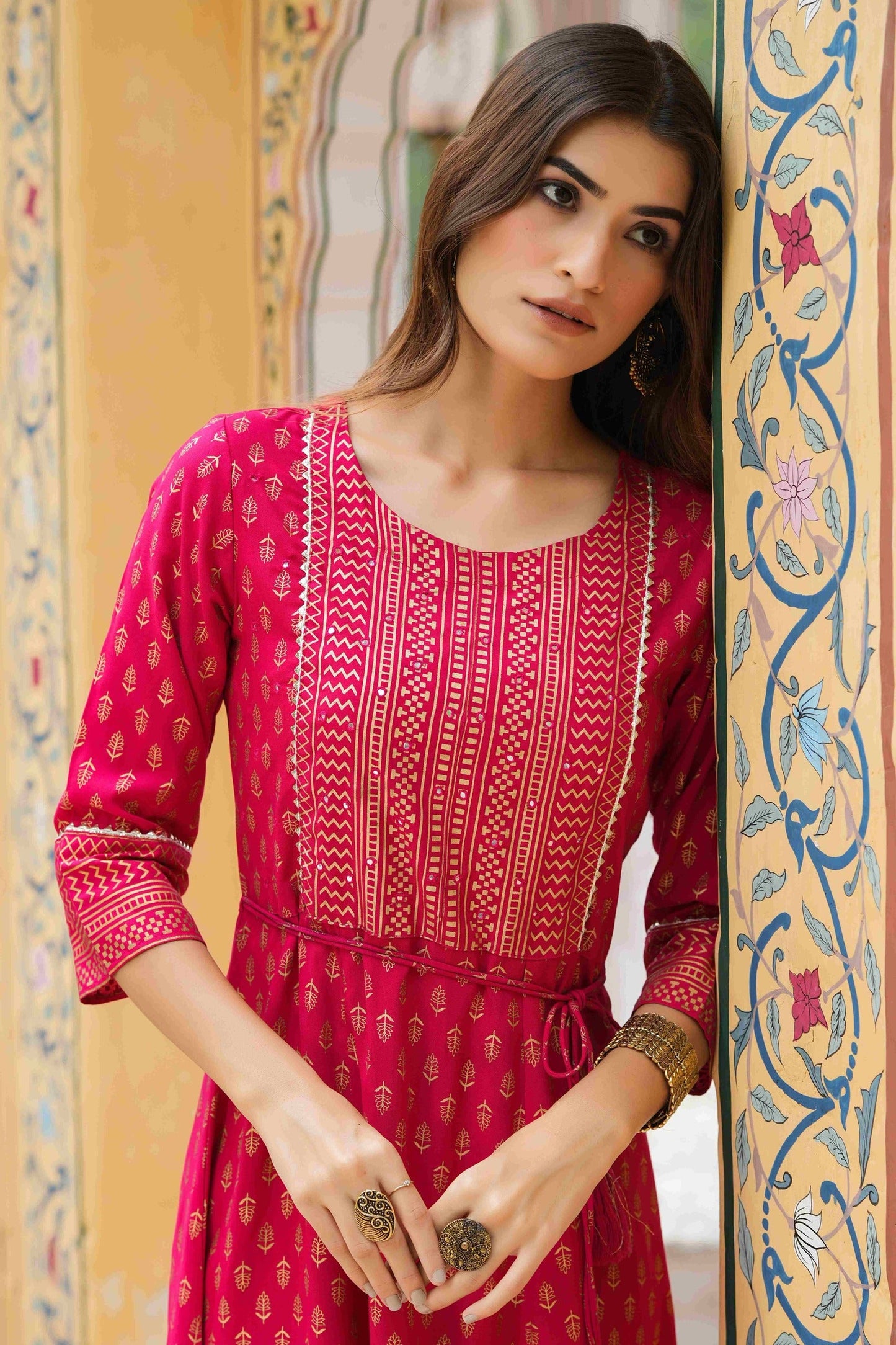 Women's  Fuchsia Rayon Festive Wear Foil Printed A-Line Long Dress