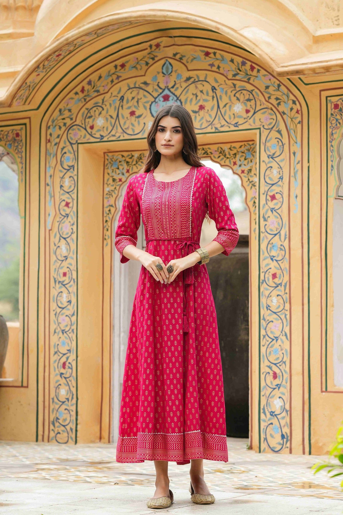 Women's  Fuchsia Rayon Festive Wear Foil Printed A-Line Long Dress