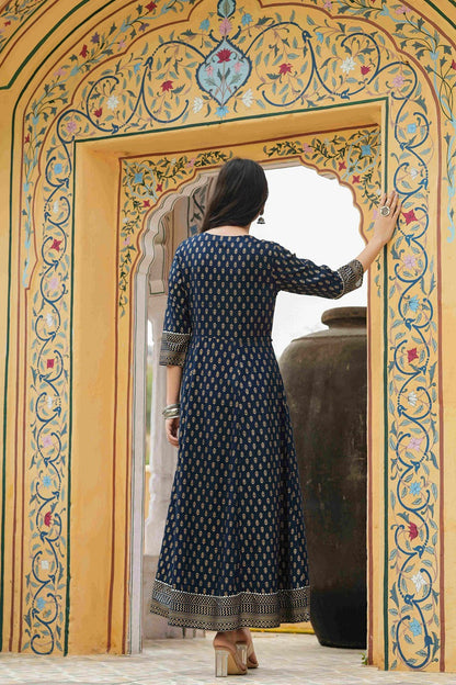 Women's  Navy Rayon Festive Wear Foil Printed A-Line Long Dress