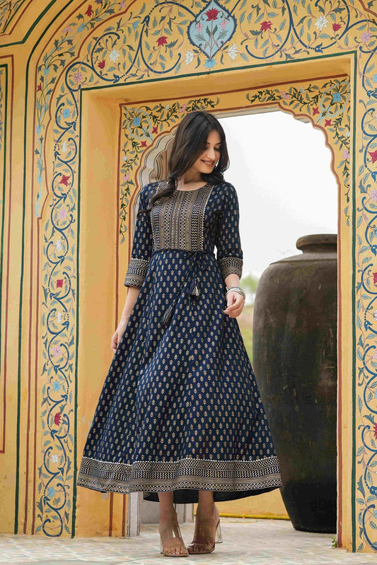 Women's  Navy Rayon Festive Wear Foil Printed A-Line Long Dress