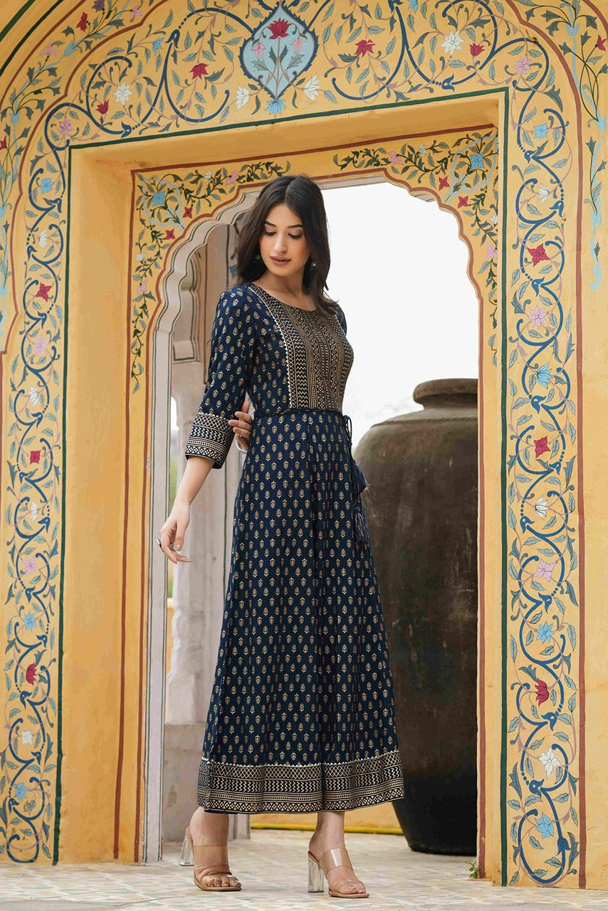 Women's  Navy Rayon Festive Wear Foil Printed A-Line Long Dress