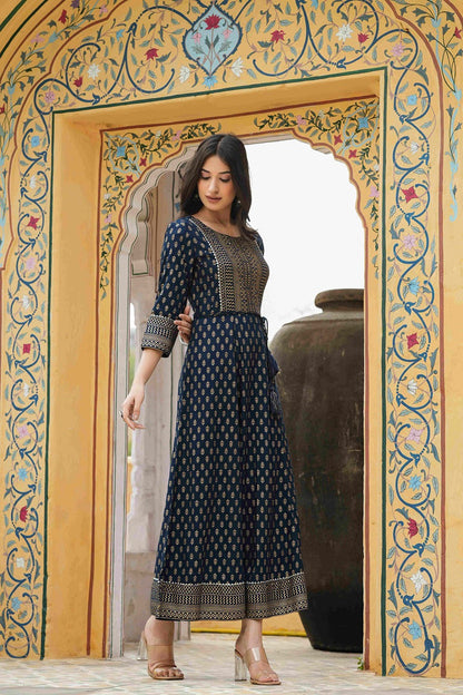 Women's  Navy Rayon Festive Wear Foil Printed A-Line Long Dress