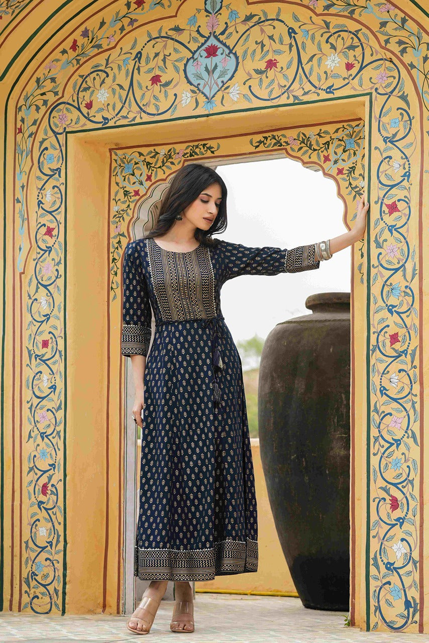 Women's  Navy Rayon Festive Wear Foil Printed A-Line Long Dress