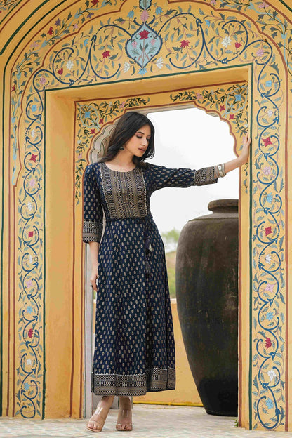 Women's  Navy Rayon Festive Wear Foil Printed A-Line Long Dress