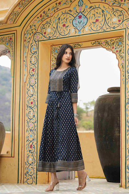 Women's  Navy Rayon Festive Wear Foil Printed A-Line Long Dress